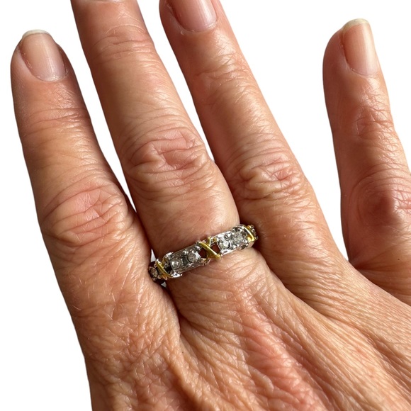 Two Tone Gold and Silver Crisscross Ring with Rhinestones - Picture 4 of 6
